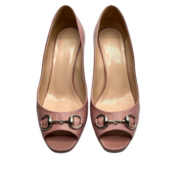 Gucci Horsebit Peep Toe Heels Pumps Size 39 Pink Mauve Stilettos - Picture 4 of 12